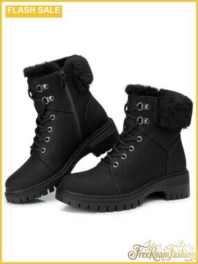 Womens Winter Ankle Boots: Faux Leather Lace-Up Combat Boot with Side Zipper,